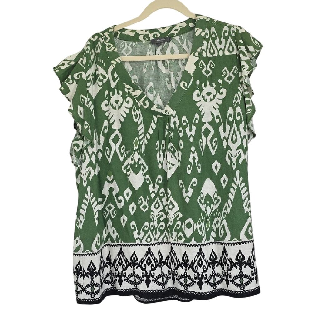 Womens Sz 1X Green/White Ikat BOHO Flutter Sleeve Linen Blend Haute Hippie Top
